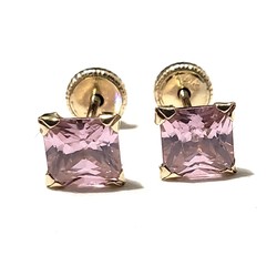 14 Kt Yellow Gold Princess Cut Earring with Zirconia (Pink)