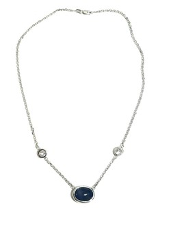6 Ct Blue Sapphire Cabochon with 3 Ct Natural Zirconium Necklace in 14Kt White Gold