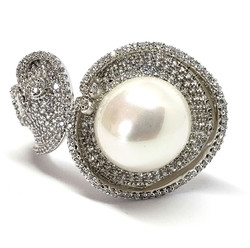 Large Fresh Water Pearl ring with Swiss quality Zircons in .925 Sterling Silver